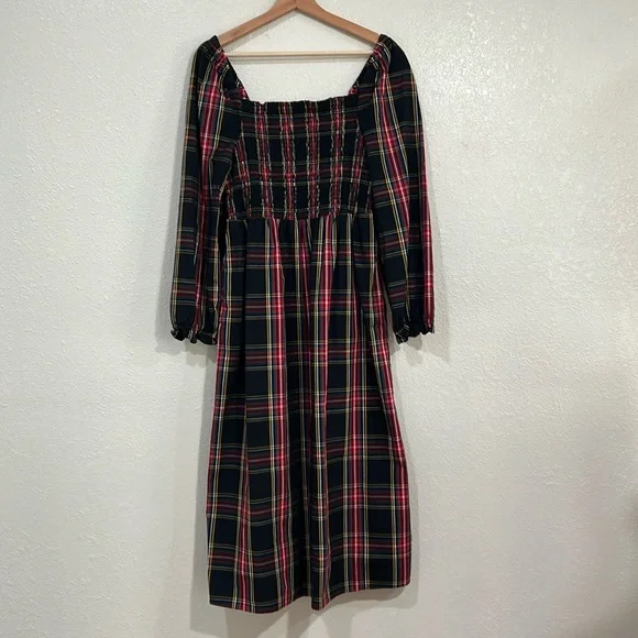 JCREW WOMENS PLAID SMOCKED COTTON POPLIN MIDI DRESS RED BLACK SZ MEDIUM - Picture 1 of 13